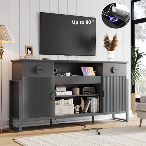 LGHM 70'' Fluted TV Stand with Power Outlets, Stylish Modern Entertainment Center with Drawers for TVs Up to 80”, 38'' Tall TV Stand, Media Console for Living Room, Metal Legs Design, Black - size: 38''H TV Stand