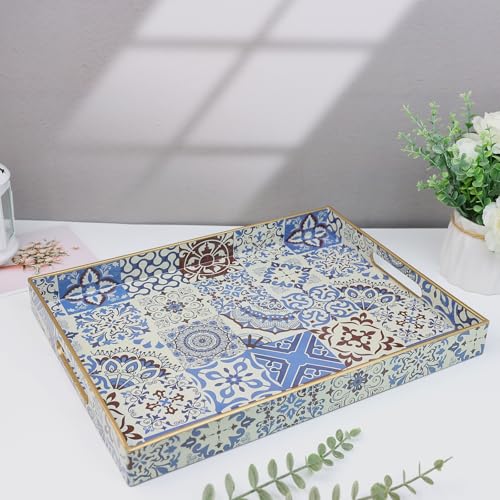 Spsyrine Decorative Serving Tray with Handles, Lacquered Coffee Table Tray for Ottoman, Rectangular Waterproof Platters for Centerpieces, Parties, Living Room, Kitchen Counter Organization SP3040RE1 - color: Sp3040re1, size: 16" x 12" x 1.6"