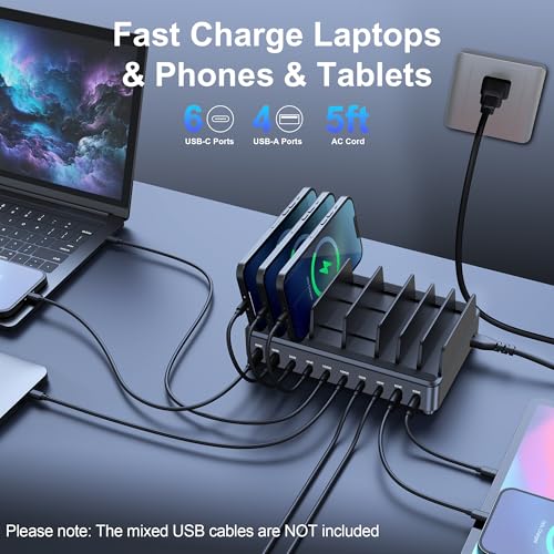 chipofy 500W Charging Station for Multiple Devices, 10-Port Multi USB C Fast Charger Station with Organizer Stand for MacBook Laptop, iPad, iPhone 17 16 Pro Max, Galaxy S25/S24 and More