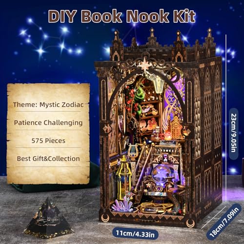 TOYQI Book Nook Kit, Book Nook Kits for Adults, DIY Miniature Dollhouse Kit 3D Wooden Puzzle Booknook Bookend with LED Light - Divination Fate Destiny 12 Constellation Zodiac Signs - style: Zodiac Sign