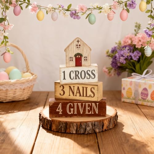 Easter Decorations - Christian Easter Tiered Tray Decor - 1 Cross 3 Nails 4 Given Wooden Tabletop Sign - Religious Farmhouse Easter Home Decor for Shelf Mantel Indoor - Spring Home Decor for Living Room, Kitchen Counter - style: Cross