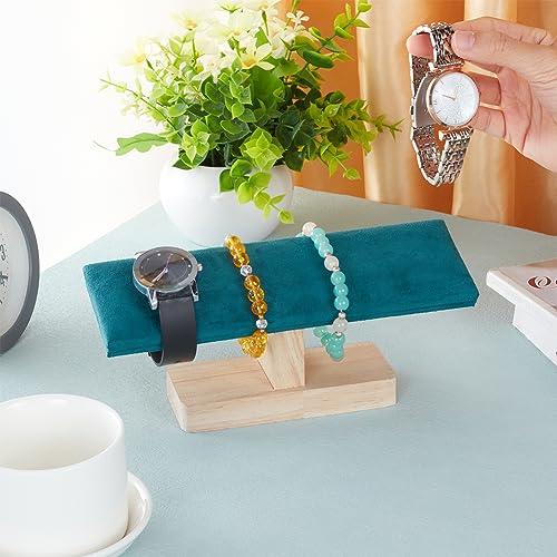 NBEADS Wooden Watch Display Stand, Green Velvet T-Bar Bracelet Holder Jewelry Organizer Stand Removable Bangle Pendants Anklet Tower Rack for Home Use, Retail Display Selling - color: Green