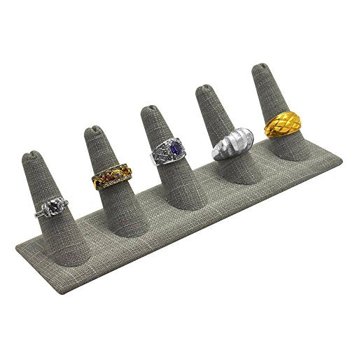 Grey Linen Jewelry Ring Display Stand ~ Holds 5 Jewelry Rings - size: 5 Finger