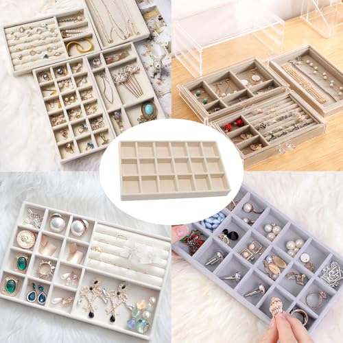 Velvet Jewelry Organizer Trays Beige Stackable Jewelry Storage Display Tray with Removable Dividers, 18 Grids - color: Beige