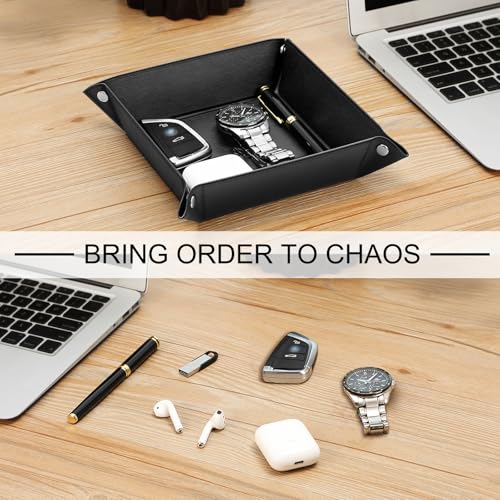 SITHON Valet Tray Desktop Storage Organizer - Multi-Use PU Leather Catchall Tray Bedside Nightstand Caddy Dice Holder for Keys, Phone, Wallet, Coin, Jewelry, Traveling and More, Black