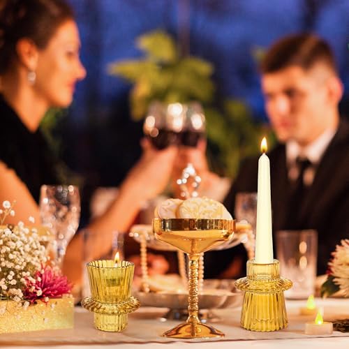 Taper Votive Candle Holder for Pillar Candles Tealight, Candlestick Holder for Wedding Christmas Tea Party, Boho Ribbed Vintage Crystal Glass Table Centerpiece Decor, Bulk Set of 6 (Amber) - color: Amber