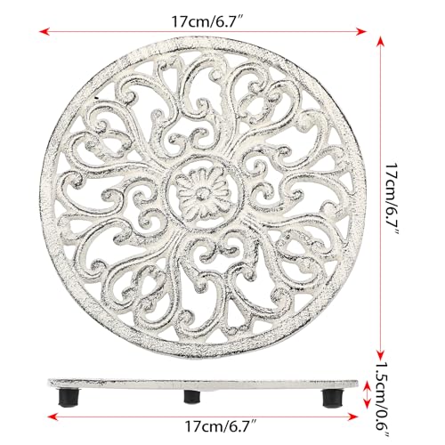 Sumnacon 2Pcs Round Cast Iron Trivets - 6.7 Inch Heat Resistant Iron Trivets for Hot Dish Pot Pan Plate Teapot, Rustic Cast Iron Hot Dish Plate Holder for Kitchen Dining Table Countertop Cooktop,White - color: White, size: 6.7x6.7x1.2 Inch