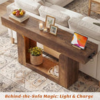 Homieasy Console Table, 63" Entryway Table with LED Lights & Charging Station, Farmhouse Wooden Sofa Table Behind Couch, Narrow Hallway Table for Living Room, Foyer, Entry, Rustic Oak - color: Rustic Oak, size: 63"