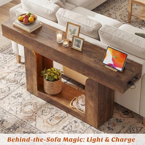 Homieasy Console Table, 63" Entryway Table with LED Lights & Charging Station, Farmhouse Wooden Sofa Table Behind Couch, Narrow Hallway Table for Living Room, Foyer, Entry, Rustic Oak - color: Rustic Oak, size: 63"
