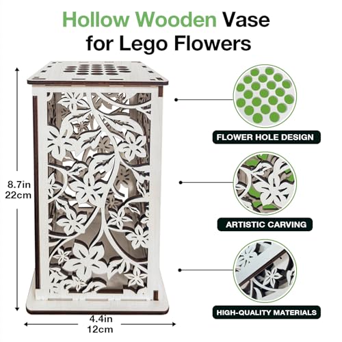 Wooden Vase for Lego Flowers ，Display Stand for Lego Flower, Cool vase with Hollow Flower Pattern，Gift for Flower Lovers (White) - color: White-flower