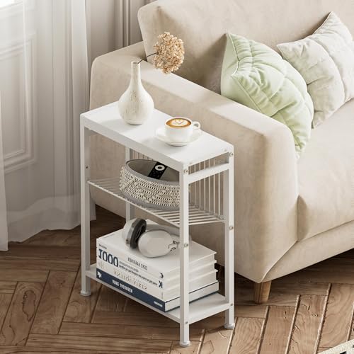 End Table for Small Space, 3-Tier Narrow Side Table with Magazine Holder,Small Nightstand, Skinny Snack Couch Table in Living Room, Bedroom Study and Balcony (White) - color: White