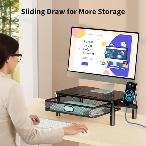 Zimilar 2 Pack Monitor Stand Riser with Metal Drawer, 3 Height Adjustable Monitor Riser with Phone Holder for Printer, Laptop, Premium Metal Computer Monitor Stand with Storage for 2 Monitors