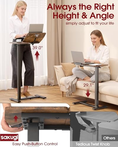 Sakugi Overbed Bedside Table with Wheels, Height Adjustable Laptop Desk, Hospital Bed Table with Tilt Top, Rolling Bed Tray for Home & Office,27.6" L x 12.9" W x 29.1"–39" H, Brown - color: Brown