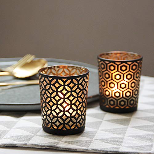 SHMILMH Black Gold Glass Votive Candle Holders Set of 12, Tealight Candle Holder with 4 Patterns for Ramadan Decorations, Eid Mubarak, Wedding Centerpiece, Modern Home Table Decor, Gift Set - color: B&g 4 Patterns