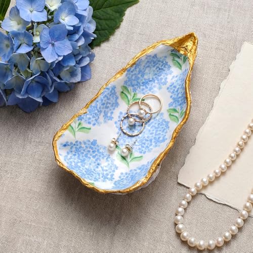 Natural Oyster Ring Trinket Dish Vintage Jewelry Tray for Keys Small Jewelry Holder for Bridal Shower Favors Friends Sisters Daughter Mother Gift Seaside Style Decor(Blue Hydrangea) - style: Blue Hydrangea