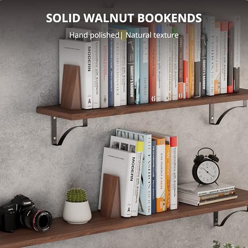muso wood Book Ends, Handmade Wooden Bookends for Heavy Books, Creative Beveled Bookends for Shelves, Non-Skid Book Ends, Walnut-1Pair
