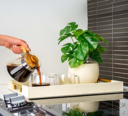 Modern Elegant 17.5”x12” Rectangle Cream Rectangle Shagreen Faux Leather Decorative Tray Ottoman Tray Coffee Table Perfume Living Room Kitchen Serving Tray with Gold Polished Metal Handles. - color: Cream/Gold