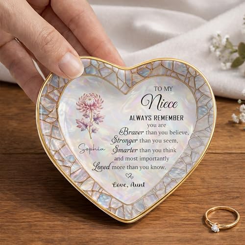 Personalized Niece Jewelry Dish Gift from Aunt, Heart Trinket-Dish with Custom Birth Flower, “Always Remember You Are Braver Stronger Smarter Loved” Inspirational Ceramic Ring Keepsake - color: Niece 054