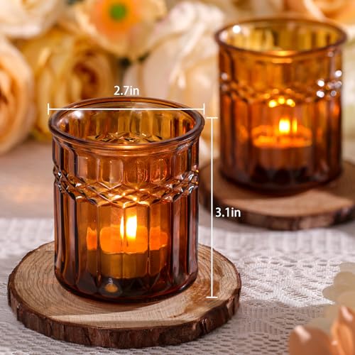NITIME 8pcs Amber Votive Candle Holders, Large Tea Light Candle Holder Glass for Fall Table Decor, Amber Candle Holders for Table Centerpiece, Home, Wedding and Party Decor - color: Amber