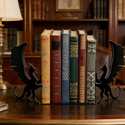 Dragon Metal Book Ends Decorative Set of 2 - Fantasy Themed Bookends for Heavy Books, Gothic Geometric Book Holders for Bookshelves, Matte Black Office, Home, Library Desk Decor - color: Type-6