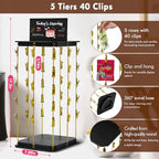 Pinzoveco Chip Rack Display Stand, 5 Tiers 40 Clips Snack Organizer for Office Desk, 360° Rotating Wooden Base Chip Holder Candy Display for Concession Stand, Countertop, Party, With Message Board - color: Black & Gold