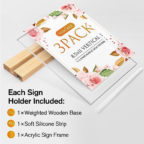MaxGear L/T Shape Acrylic Sign Holder, 8.5 X 11 Clear Table Display Stand with Wooden Base, Flyer Menu Holder Photo Frames Paper Stand for Office, Wedding, Restaurants, Hotels 3 Pack - size: 8.5''x11'', style: 3 Pack