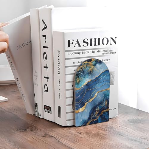 Bookends Blue Marble Book Ends for Shelves Abstract Bookends for Heavy Books, Book Stopper Organizer Book Shelf Holder for Home Office 2 Pcs