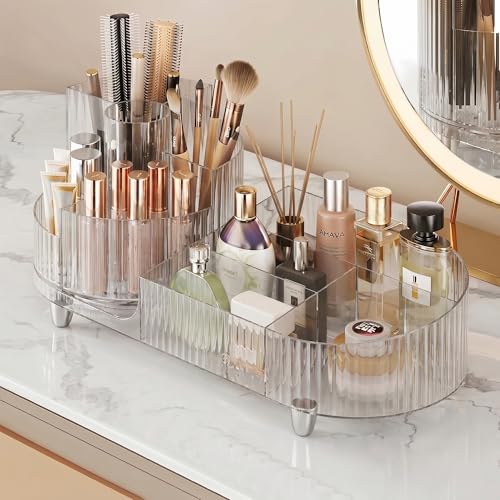 Booklov Rotating Makeup Organizer for Vanity, Large Capacity Cosmetic Display Case, Clear Acrylic Countertop Beauty Storage Holder for Skincare, Brush Eyeshadow Lipstick, Counter Desk, Crystal Clear - color: Crystal Clear, size: L01