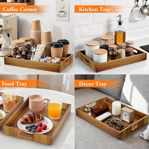 Serving Trays - 2 Pack, Acacia Wood Serving Platters with Ergonomic Handles, Versatile Rustic Decorative Trays for Breakfast, Brunch, Dinner, Coffee Table, Party, Kitchen-L - size: 16"x11"x1.57" and 17"x12"x1.57"