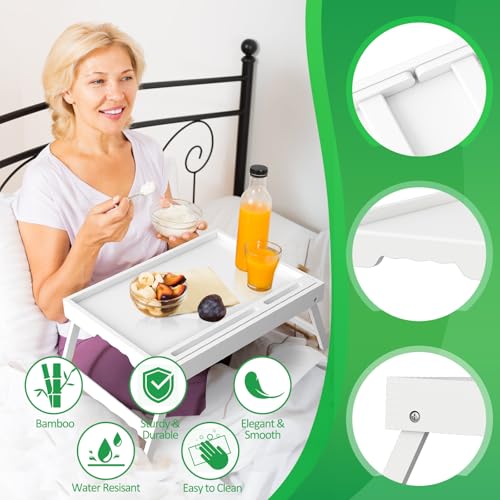 Artmeer Bed Tray Table with Folding Legs, Bamboo Breakfast Food Tray with Media Slot, Use As Platter, Laptop Desk, Snack, TV Tray Kitchen Serving Tray (White Large) - color: White, size: Large