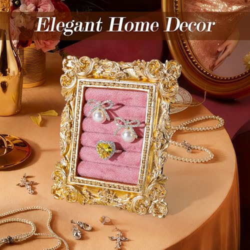 Vintage Ring Holder Rectangle Gold Velvet Display Stand - Baroque Jewelry Organizer Box Tray for Wedding Engagement Anniversary Women Birthday Christmas Gift Photograph Prop (MPF05-Gold Pink) - color: MPF05-Gold Pink