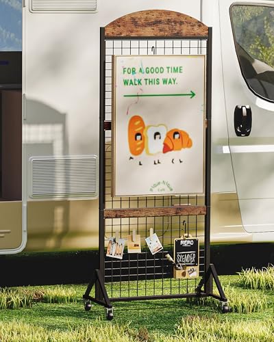 CHOEZON Grid Wall Panel 5.7’ x 2’ FT Grid Display Rack, Movable Gridwall Display Stand with Wheels,Floorstanding Wire Grid Rack with 4 S-Shaped Hooks and 4 Garment Hooks Rustic Brown and Black TCJ17BF - color: Rustic Brown and Black
