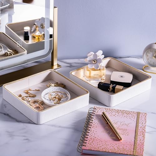 2 Pack White Catch All Trays for Jewelry| Small Leather Valet Tray| Key Bowl for Entryway Table EDC Trinket Tray Catch All| Perfume Trays for Dresser Organizer Perfume Holder (Set of 2) - color: White 2 Pack, size: 8" x 8" x 1.8"