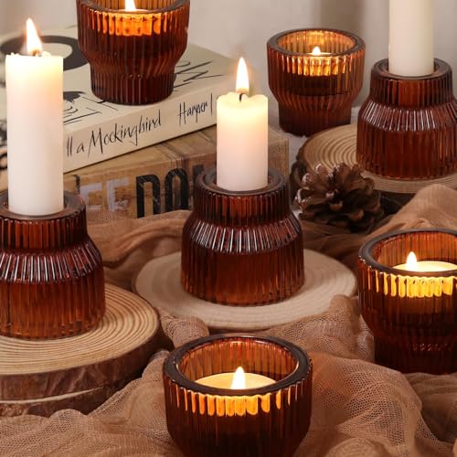 HAVITI 12 Pack Amber Taper Candle Holders, Glass Candlestick Holders, Tea Light Candle Holder for Fall Wedding Centerpieces Table Decorations, Votive Candle Holders for Table Decor - color: Amber