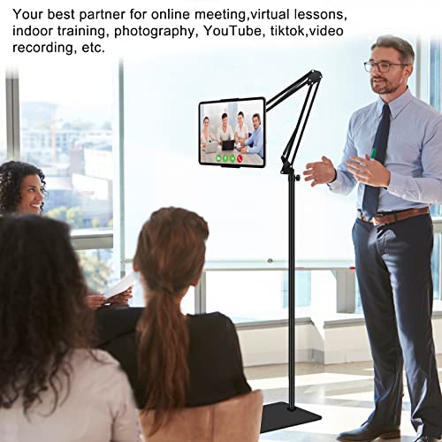 Tablet Floor Stand with Double Weight Base,Overhead Bed Phone Stand Height Adjustable/ Arm Stretchable Tablet Holder, Compatible with 4.5''-13'' iPhone, iPad, Galaxy Tab, Kindle, or Other Phones