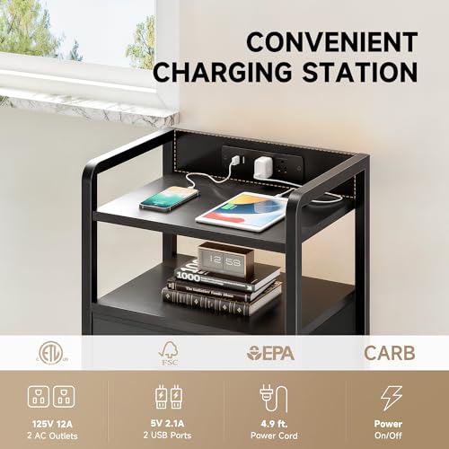 Lazzanto Night Stand Bedside Charger Bedroom - Nightstand with Charging Station & LED Light Strip, Night Stand with Storage Shelf & 3 Fabric Drawers, Morden End Table with U-S-B Ports & AC Outlets - color: Black, size: 3 Drawers