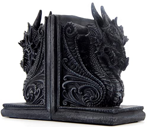 Bellaa 25617 Dragon Bookends Gothic Midieval Castle Mystic Decorative Retro Vintage Book Ends Holder Heavy Stoppers Bookshelf Books Shelves Library Shelf Dividers - color: Black