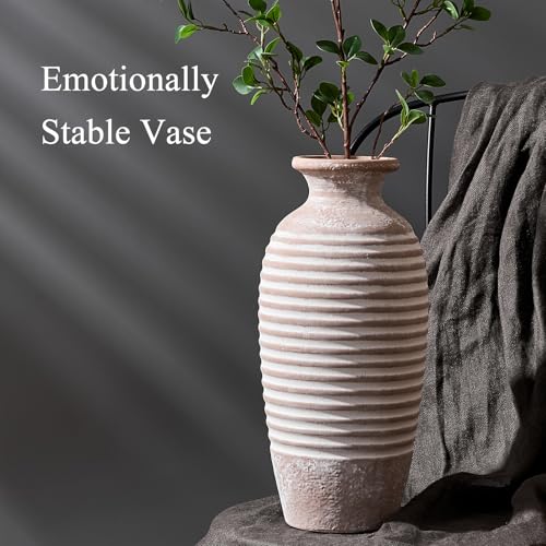 Emotionally Grounded Vase, Vaseking Large Ceramic Rustic Vase, 14.4 inch Minimalist Threaded Decorative Farmhouse Tall Vases for Home Decor, Living Room, Enterway, Table Decoration, Khaki - color: 19151-khaki, size: 14.4"