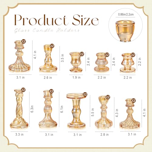 Mumufy 10 Pcs Glass Crystal Taper Candle Holders Clear Glass Candlestick Holder Fit 0.8 Inch Candles Crystal Decorative Candle Stand Centerpiece Table Wedding Dining Party (Classic,Gold) - color: Gold