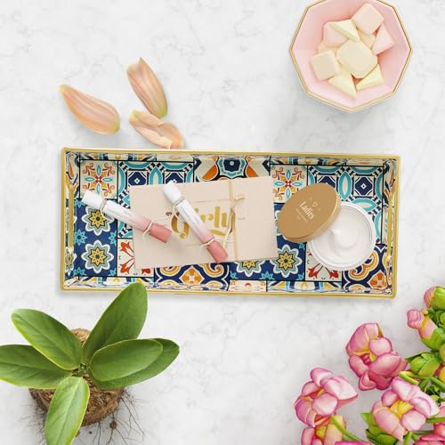 Bathroom Vanity Tray for Countertop, Small Plastic Toilet Tank Tray Versatile Storage & Organization Tray for Makeup, Perfume, Desk, Kitchen, Candles, 13.7"x6"x1.4", 35Boho2 - color: 15multi2