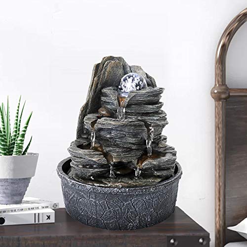 Rockery Indoor Water Fountain, Zen Meditation Tabletop Fountain with LED Lights & Crystal Ball for Home Office Bedroom 9 4/5" - color: 9 4/5"