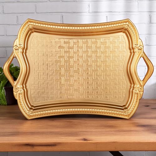 Alisveristime 2-Person Rectangular Metal Serving Tray – Ottoman Motif, (14.6" x 9", 13.1 oz) (Gold)