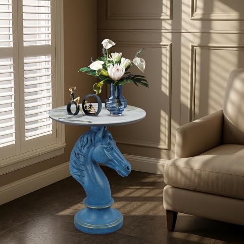 Modern Accent Table Living Room Horse Statue Blue and White Contemporary‌ Faux Marble Night Stand Side Table with Horse Head Base Reception Area & Bedroom（Width 19.69" ——Tall 24.8"） - style: Blue white horse head table