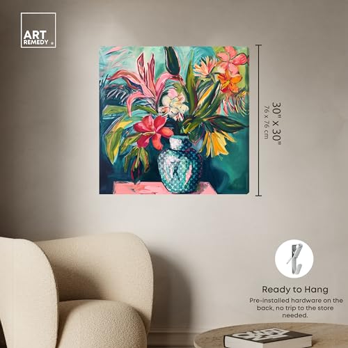 Art Remedy Vase Of Tropical Flowers Gallery Wrapped Flowers In Vase Paintings, 30" x 30", Gallery Wrapped - color: Gallery Wrapped, size: 30"L x 30"W