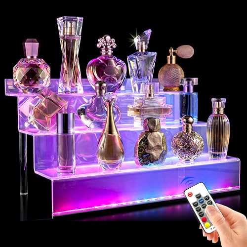 12 IN Clear Acrylic Display Riser Shelf with LED light,3 Tier Display Step Shelves Holder, Perfume Cologne Organizer Holder,Pops Toys Figures, Clear Cupcake Riser, Dessert Shelf, Decoration on - color: Clear