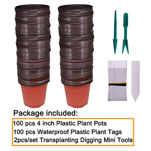 100 Pcs 4" Plastic Seedlings Plants Nursery Pots with 100 Pcs Waterproof Plastic Plant Tags and 2Pcs/Set Transplanting Digging Mini Tools - size: 4 inch(100pcs)