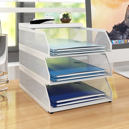 Natwind 3-Tier Stackable Paper Tray, Metal Mesh Desktop Organizer, Paper Sorter, Letter Trays,File Document Storage Rack for for Home, Office, School (White) - color: White, size: 3 tier