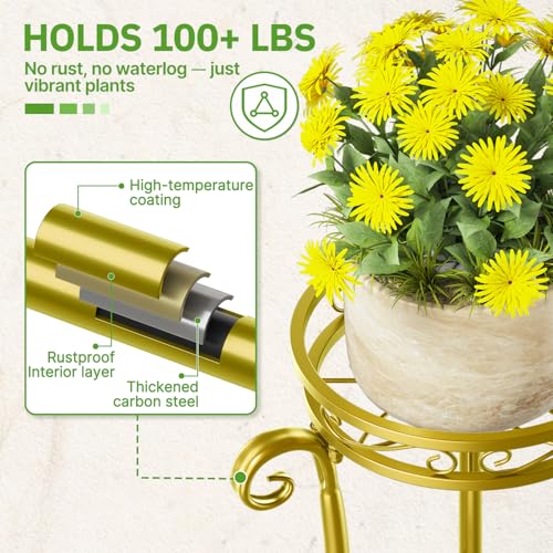 KMOTASUO 3 Tier Metal Plant Stand for Multiple Large Planters Indoor Outdoor Organizer, Heavy Duty Tall Flower Rack for Corner Patio Bathroom Office Corner, Modern Sturdy Vertical Iron Rack, Gold - color: Gold, size: 3 Tier