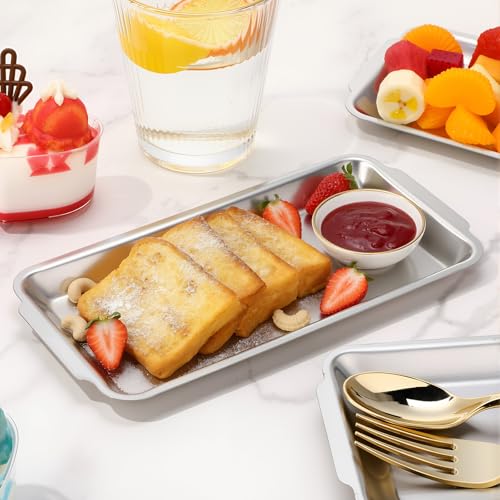 Silver 12 Pcs Small Stainless Steel Serving Tray Bulk 8.66'' x 4.33'' Rectangle Stainless Steel Food Serving Platter with Handle Vanity Tray Decorative Party Plate for BBQ Buffet Appetizer - color: Silver