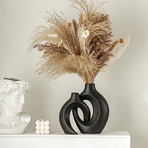 Lvases Snuggle Hollow Modern Ceramic Vase Set of 2, Mid Century Nordic Aesthetic Decorative Vase Decorative Vases for Home Table Decor (Matte Black W 6.3" X H 8.4") - color: Large Matte Black